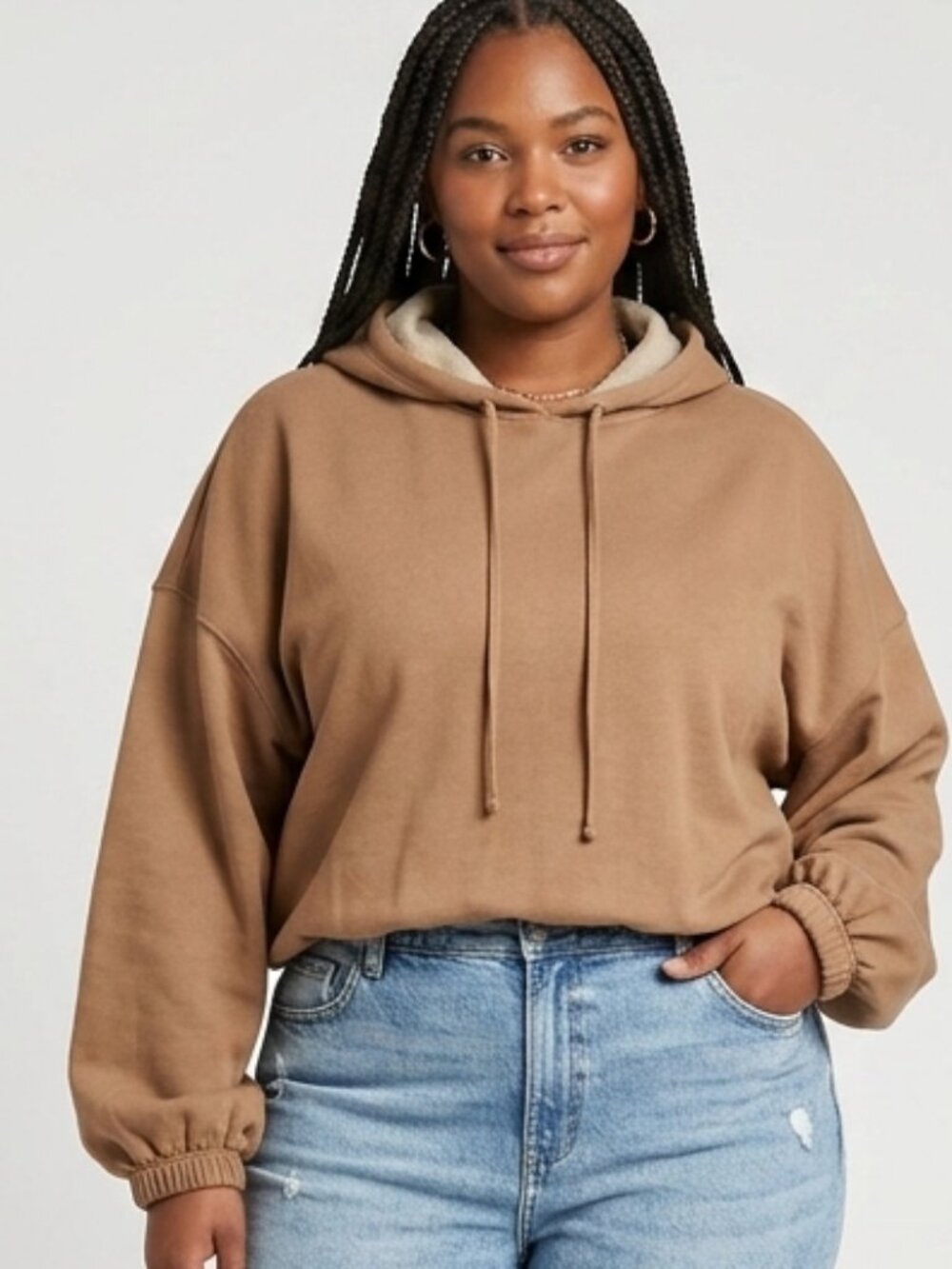 Suzette Collection Cropped Hoodie Women Tan Plus Size Cozy Warm Streetwear 2X